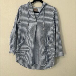 Forcynthia Linen Cotton Striped Hooded Cover Up – Size Small, Blue/White